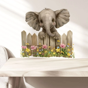 Adesivo murale con elefante grigio su staccionata in legno e fiori colorati per cameretta