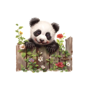 Simpatico panda su steccato in legno con fiori selvatici per decorazione cameretta
