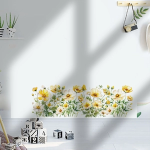 Close-up of yellow and white cosmos flower wall stickers with watercolor floral details