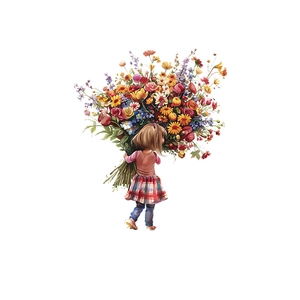 Wandtattoo kleines Mädchen mit Blumenstrauß, abnehmbare PVC Dekoration für das Wohnzimmer