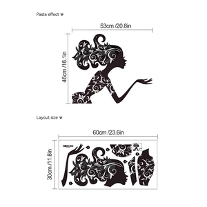 Elegant woman silhouette wall sticker with floral patterns for home wall decor