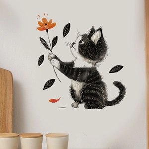 Cartoon Black Cat Holding Orange Flower Wall Sticker PVC Removable Self Adhesive Decal For Living Room Bedroom Home Decor