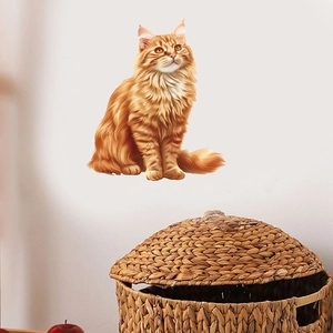 Realistic orange fluffy cat wall sticker made of PVC for home bedroom wall decor