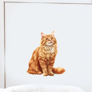 Detail of a realistic orange long-haired cat wall sticker on a clean white surface