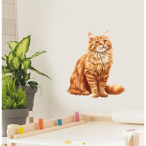 Detailed realistic orange cat wall sticker displayed on a clean white wall with green plants