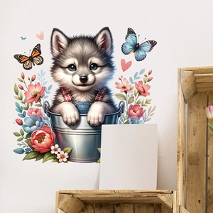 Wandtattoo mit süßem Husky-Welpen im Metalleimer mit bunten Blumen und fliegenden Schmetterlingen