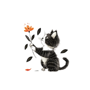 Cartoon black and white cat holding an orange flower self-adhesive PVC wall sticker decor
