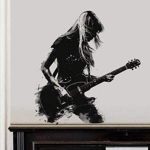 Modern Rock Music Guitarist Girl Silhouette Wall Sticker Removable PVC Decorative Decal For Living Room Bedroom Home Decor