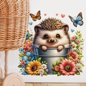 Detailaufkleber mit niedlichem Igel im Eimer und farbenfrohen Sonnenblumen Motiven