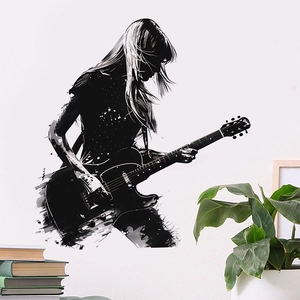 Silhouette wall sticker of a girl playing guitar with artistic ink splatter design