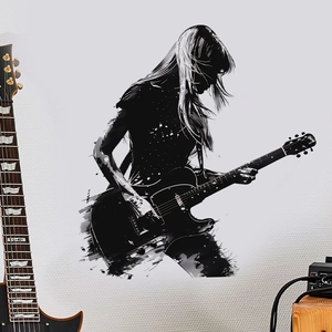 Girl guitar player silhouette wall sticker with artistic black ink splash effect decoration