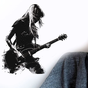 Detail showing high-quality black silhouette wall decal of girl playing electric guitar