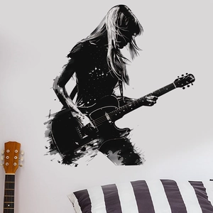 Detail of girl playing electric guitar wall sticker with ink splash rock art style