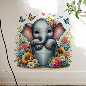 Cartoon Tier Im Eimer Wandaufkleber Abnehmbar PVC Floral Elefant Panda Katze Dekorative Aufkleber Für Kinderzimmer Wohnzimmer