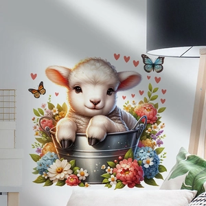 Cartoon Weißes Schaf im Metalleimer Wandtattoo mit bunten Blumen und Schmetterlingen