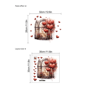 Detailed view of heart balloon wall sticker with layout size and paste effect measurements