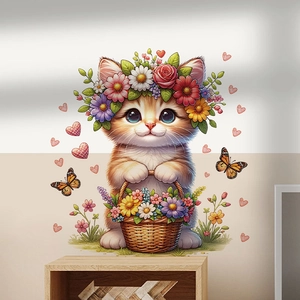 Cartoon-Katze Wandtattoo mit Blumenkranz und Herzen für die Kinderzimmer-Wanddekoration