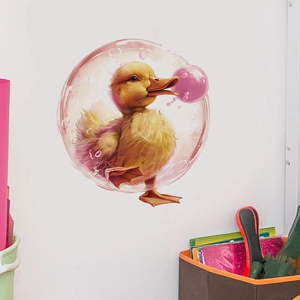 Cartoon yellow duckling in pink bubble wall sticker for bedroom and living room decor