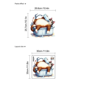 Detail of fat tabby cat bathtub sticker showing paste effect and 30x30cm layout size