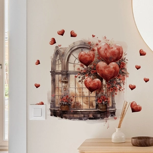 Detail of watercolor PVC wall sticker with faux window and red heart balloons decoration