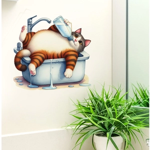 Detailed wall sticker of a cute orange cat drinking from a bottle in a blue bathroom sink