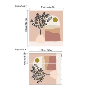 Detail view of tropical plant wall decal with size dimensions for living room decor