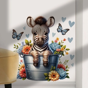 Cartoon Zebra im Eimer Wandtattoo mit bunten Blumen und Schmetterlingen für Deko