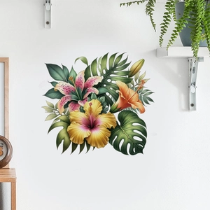 Detailliertes Wandtattoo Set mit tropischen Hibiskus, Lilien und Palmblättern für Dekor