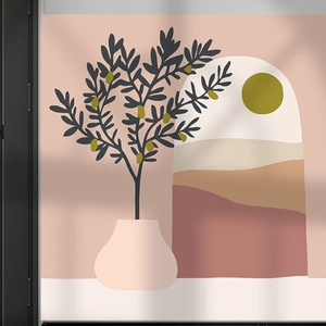 Bohemian sun and plant wall sticker with olive branch and pink vase for home decor