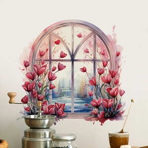 Detail of a watercolor tulip window wall sticker shown in a warm home decor setting