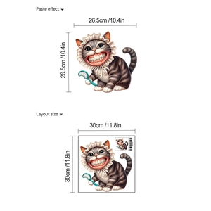 Detail showing cartoon cat tooth brushing wall sticker layout size and paste effect