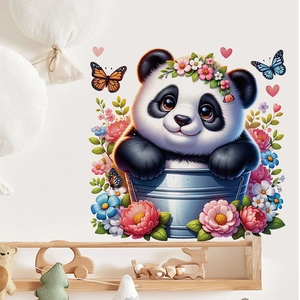 Niedliche Cartoon-Panda im Eimer mit handgemalten Blumen-Wandtattoos für das Kinderzimmer