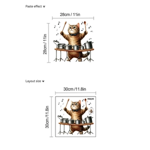 Detail showing cartoon cat wall sticker size specifications and application layout on white