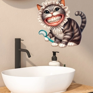 Detailed view of cartoon cat brushing teeth wall sticker on bathroom tiles