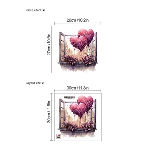 Detail layout and paste size for heart balloon window wall sticker in pink and purple colors