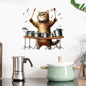 Detail of funny cartoon cat wall sticker playing pot drums in kitchen scene