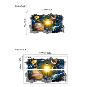 3D space galaxy wall sticker layout showing paste effect and dimensions for room decor
