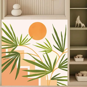 Detail showing tropical palm leaf and sun wall sticker decal in modern minimalist room decor