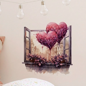 3D wall sticker with heart balloons and fake window view for romantic bedroom decor