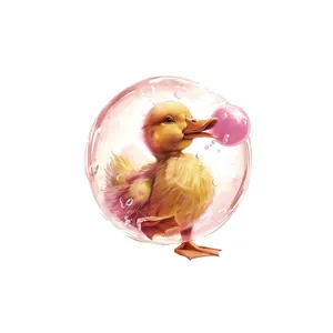 Cute cartoon yellow duck inside a pink bubble, self-adhesive PVC wall sticker decor