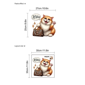 Funny cat wall sticker size dimensions with layout and application measurements shown