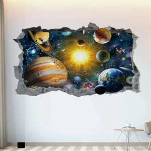 Detailed 3D wall decal of solar system planets with realistic cracked wall visual effect