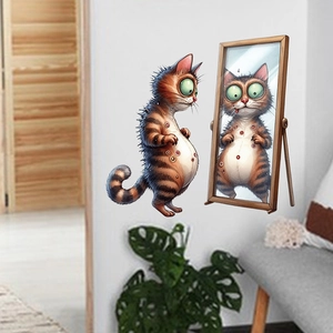 Funny orange cat looking into a mirror wall sticker for creative home bathroom decor