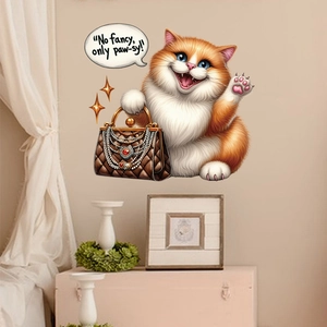 Detail view of cartoon cat wall sticker with stylish handbag and funny quote decoration