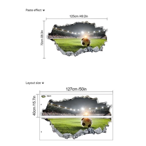 3D soccer field wall decal with cracked wall effect showing layouts and final dimensions