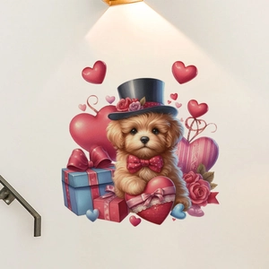 Sticker Mural Chiot Dessin Animé Cœur PVC Amovible Décalcomanie Chien Fleur Pour Saint-Valentin Chambre Salon Décoration Maison