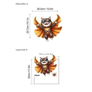 Detailed size comparison of the cartoon superhero cat wall sticker for home decoration