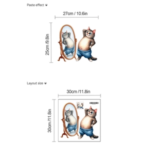 Cartoon cat looking in mirror wall sticker dimensions and 11.8x11.8 inch layout guide