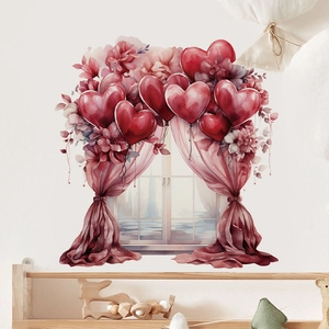 Romantic fake window wall sticker with red heart balloons and pink flowers for home decor