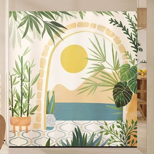 Tropical monstera leaf and sunset landscape wall mural for living room decor